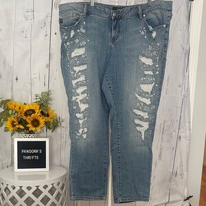Torrid Blue Distressed Jeans with sequin/stitch detail Size 22 Preowned